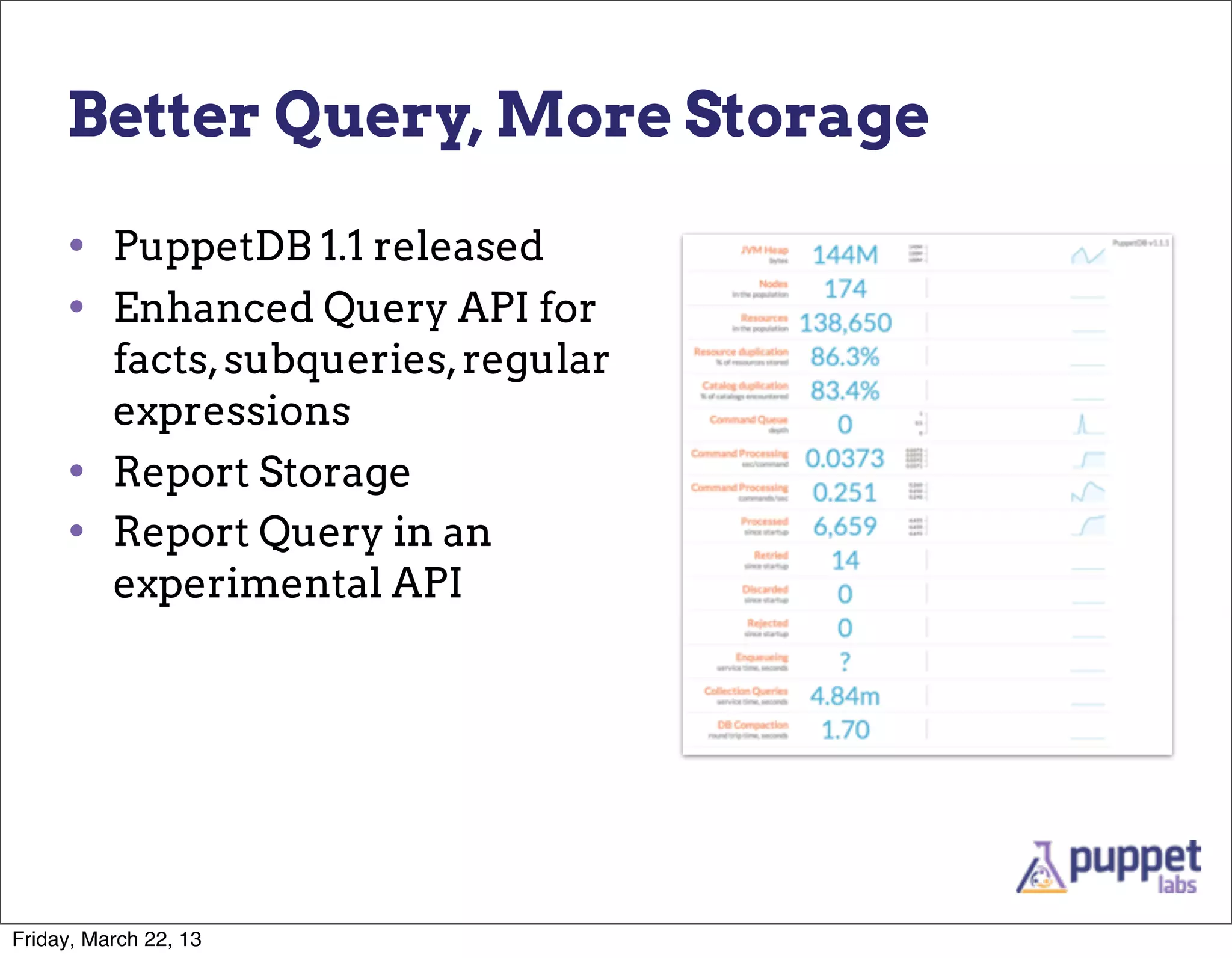 Better Query, More Storage

     • PuppetDB 1.1 released
     • Enhanced Query API for
          facts, subqueries, regular
          expressions
     •    Report Storage
     •    Report Query in an
          experimental API




Friday, March 22, 13
 