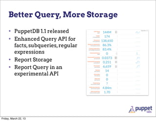 Better Query, More Storage

     • PuppetDB 1.1 released
     • Enhanced Query API for
          facts, subqueries, regula...