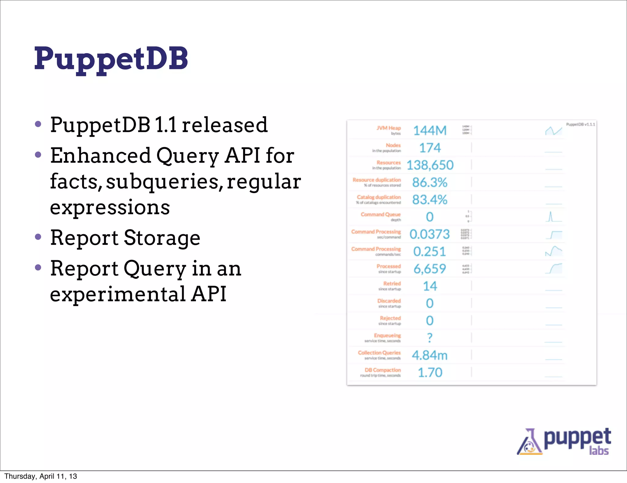 PuppetDB

        • PuppetDB 1.1 released
        • Enhanced Query API for
          facts, subqueries, regular
          expressions
        • Report Storage
        • Report Query in an
          experimental API




Thursday, April 11, 13
 