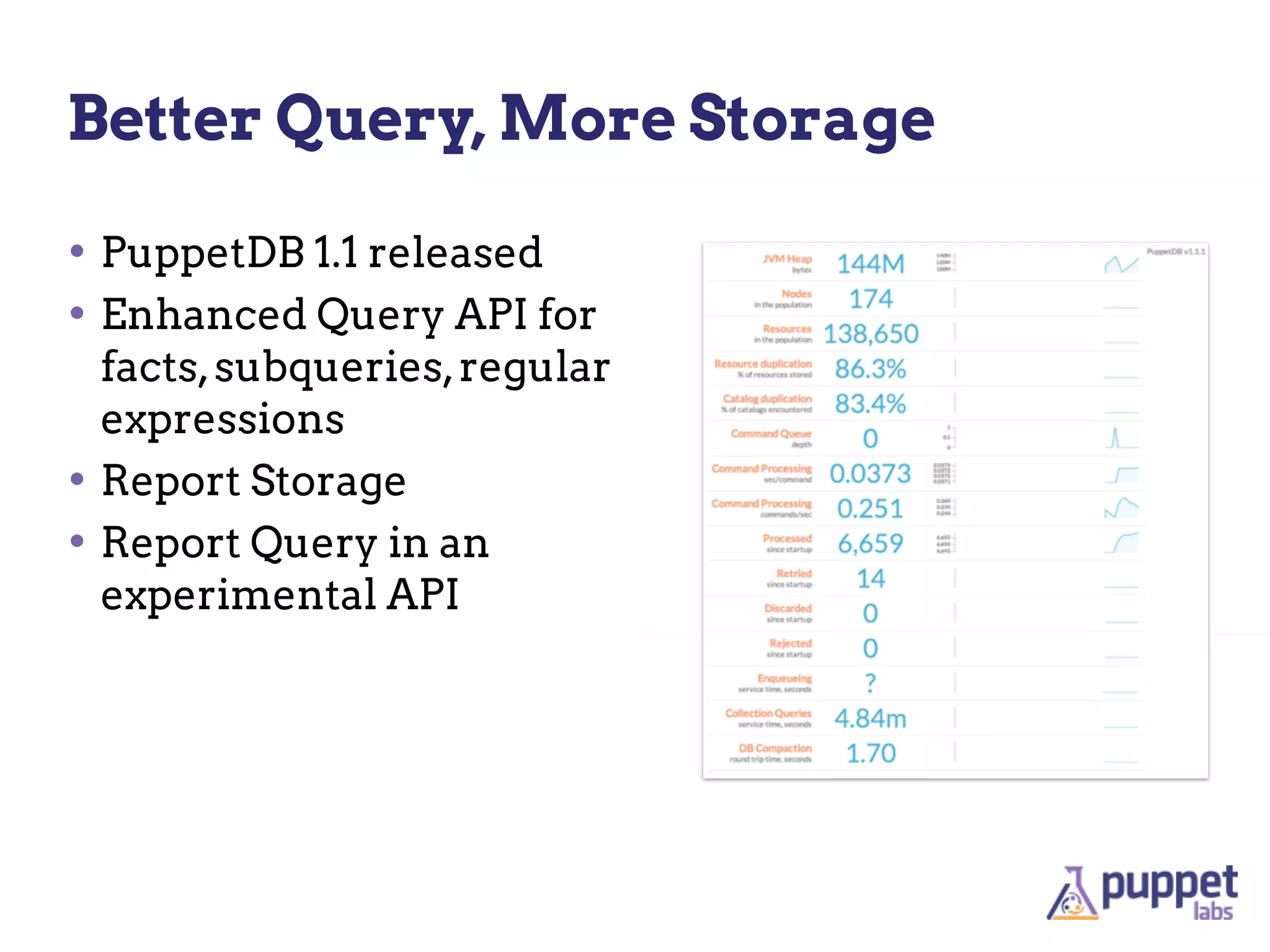 Better Query, More Storage

• PuppetDB 1.1 released
• Enhanced Query API for
  facts, subqueries, regular
  expressions
• Report Storage
• Report Query in an
  experimental API
 