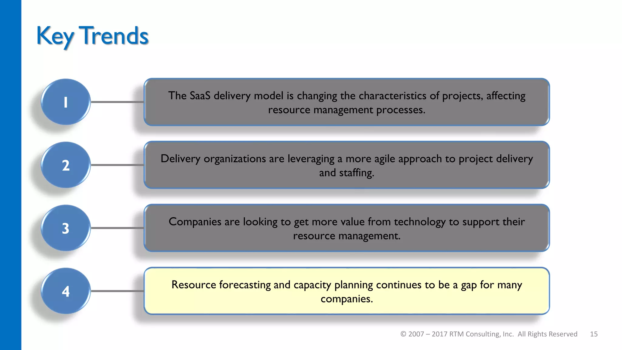 Resource forecasting and capacity planning continues to be a gap for many
companies.
Companies are looking to get more value from technology to support their
resource management.
Delivery organizations are leveraging a more agile approach to project delivery
and staffing.
The SaaS delivery model is changing the characteristics of projects, affecting
resource management processes.
Key Trends
© 2007 – 2017 RTM Consulting, Inc. All Rights Reserved 15
1
2
3
4
 