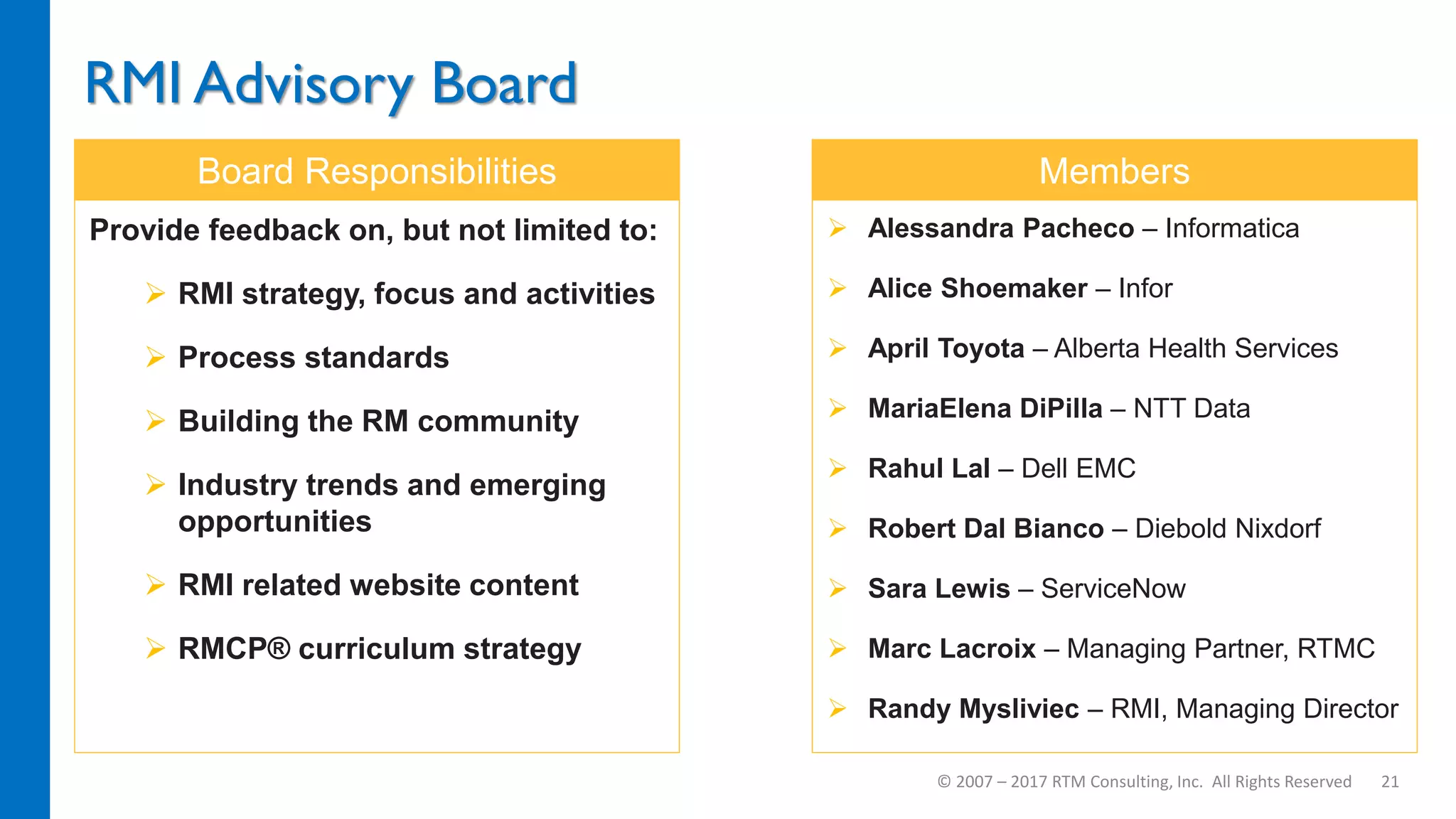 RMI Advisory Board
© 2007 – 2017 RTM Consulting, Inc. All Rights Reserved 21
 Alessandra Pacheco – Informatica
 Alice Shoemaker – Infor
 April Toyota – Alberta Health Services
 MariaElena DiPilla – NTT Data
 Rahul Lal – Dell EMC
 Robert Dal Bianco – Diebold Nixdorf
 Sara Lewis – ServiceNow
 Marc Lacroix – Managing Partner, RTMC
 Randy Mysliviec – RMI, Managing Director
Provide feedback on, but not limited to:
 RMI strategy, focus and activities
 Process standards
 Building the RM community
 Industry trends and emerging
opportunities
 RMI related website content
 RMCP® curriculum strategy
Board Responsibilities Members
 