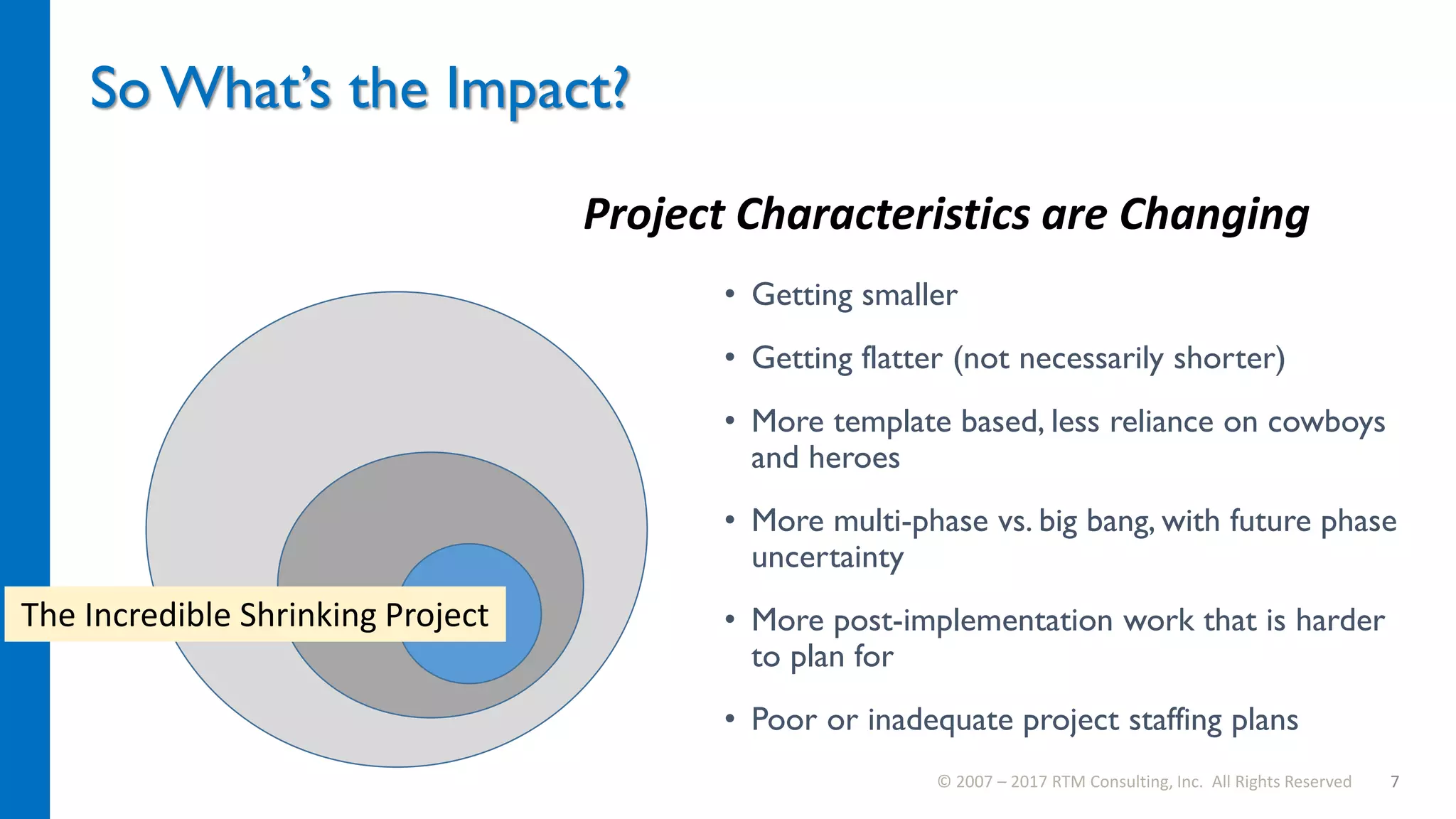So What’s the Impact?
© 2007 – 2017 RTM Consulting, Inc. All Rights Reserved 7
Project Characteristics are Changing
• Getting smaller
• Getting flatter (not necessarily shorter)
• More template based, less reliance on cowboys
and heroes
• More multi-phase vs. big bang, with future phase
uncertainty
• More post-implementation work that is harder
to plan for
• Poor or inadequate project staffing plans
The Incredible Shrinking Project
 