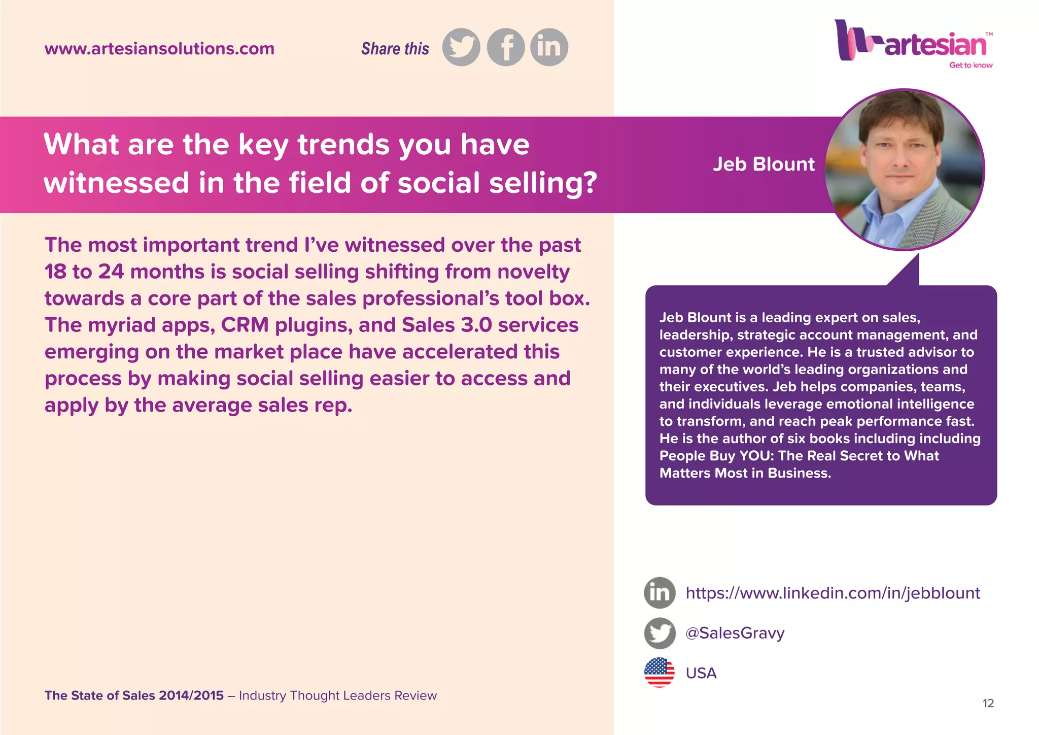 Jeb Blount
Jeb Blount is a leading expert on sales,
leadership, strategic account management, and
customer experience. He is a trusted advisor to
many of the world’s leading organizations and
their executives. Jeb helps companies, teams,
and individuals leverage emotional intelligence
to transform, and reach peak performance fast.
He is the author of six books including including
People Buy YOU: The Real Secret to What
Matters Most in Business.
https://www.linkedin.com/in/jebblount
@SalesGravy
USA
12
The State of Sales 2014/2015 – Industry Thought Leaders Review
www.artesiansolutions.com
The most important trend I’ve witnessed over the past
18 to 24 months is social selling shifting from novelty
towards a core part of the sales professional’s tool box.
The myriad apps, CRM plugins, and Sales 3.0 services
emerging on the market place have accelerated this
process by making social selling easier to access and
apply by the average sales rep.
What are the key trends you have
witnessed in the ﬁeld of social selling?
Share this
 