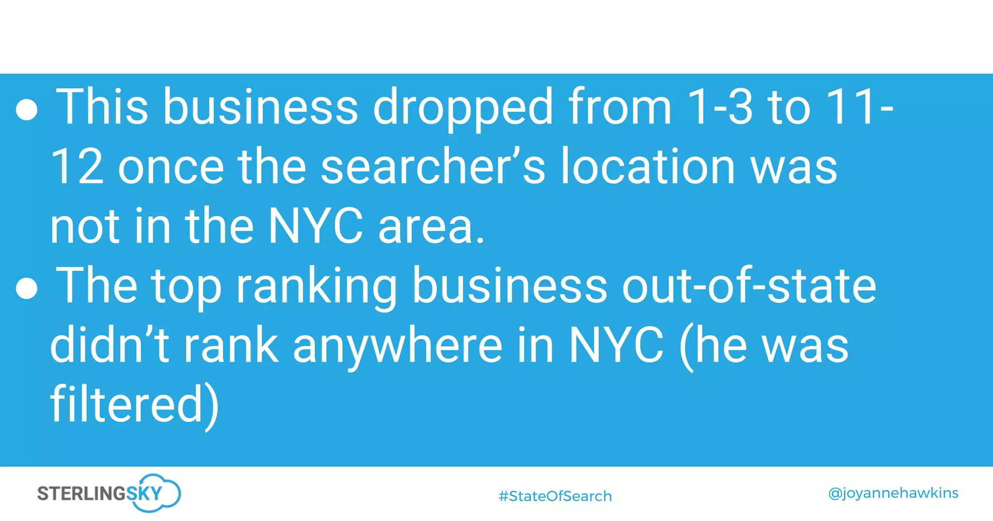 @joyannehawkins#StateOfSearch
● This business dropped from 1-3 to 11-
12 once the searcher’s location was
not in the NYC area.
● The top ranking business out-of-state
didn’t rank anywhere in NYC (he was
filtered)
 