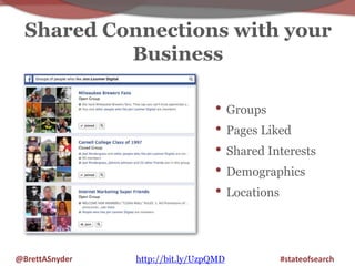 Shared Connections with your 
Business 
• Groups 
• Pages Liked 
• Shared Interests 
• Demographics 
• Locations 
@BrettAS...
