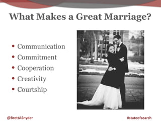 What Makes a Great Marriage? 
• Communication 
• Commitment 
• Cooperation 
• Creativity 
• Courtship 
@BrettASnyder #stat...