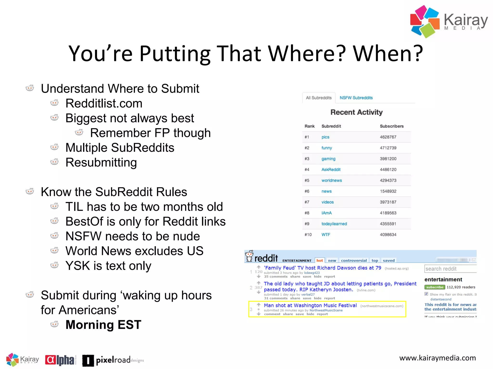You’re Putting That Where? When?
Understand Where to Submit
Redditlist.com
Biggest not always best
Remember FP though
Multiple SubReddits
Resubmitting
Know the SubReddit Rules
TIL has to be two months old
BestOf is only for Reddit links
NSFW needs to be nude
World News excludes US
YSK is text only
Submit during ‘waking up hours
for Americans’
Morning EST
www.kairaymedia.com

 