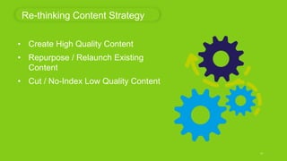 Re-thinking Content Strategy
11
• Create High Quality Content
• Repurpose / Relaunch Existing
Content
• Cut / No-Index Low...