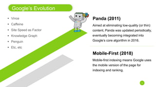 Google’s Evolution
4
Panda (2011)
Aimed at eliminating low-quality (or thin)
content, Panda was updated periodically,
even...