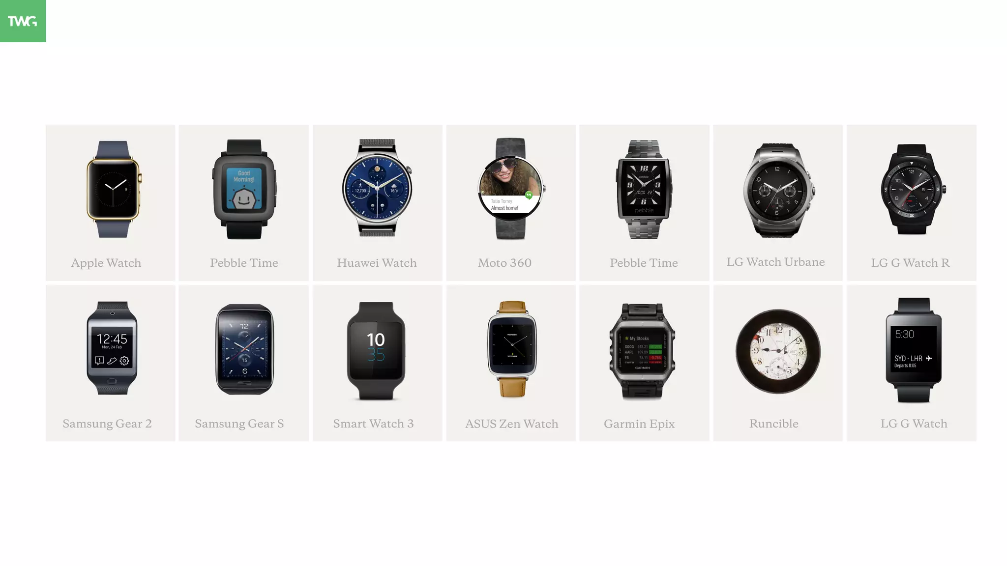 Apple Watch LG Watch UrbanePebble Time Moto 360Huawei Watch Pebble Time LG G Watch R
Samsung Gear S Smart Watch 3 ASUS Zen WatchSamsung Gear 2 Garmin Epix Runcible LG G Watch
 