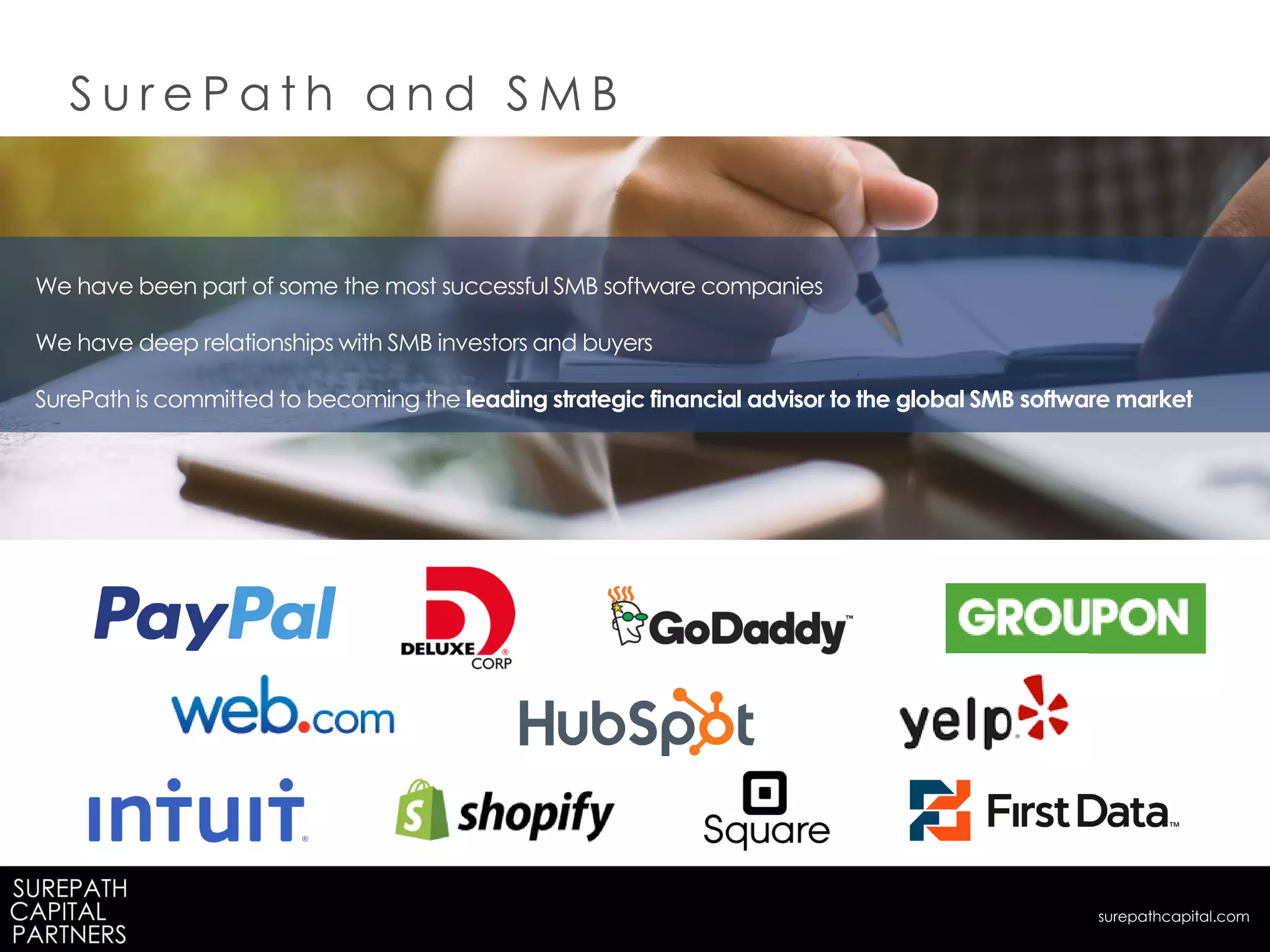 We have been part of some the most successful SMB software companies
We have deep relationships with SMB investors and buyers
SurePath is committed to becoming the leading strategic financial advisor to the global SMB software market
S u r e P a t h a n d S M B
surepathcapital.com
 