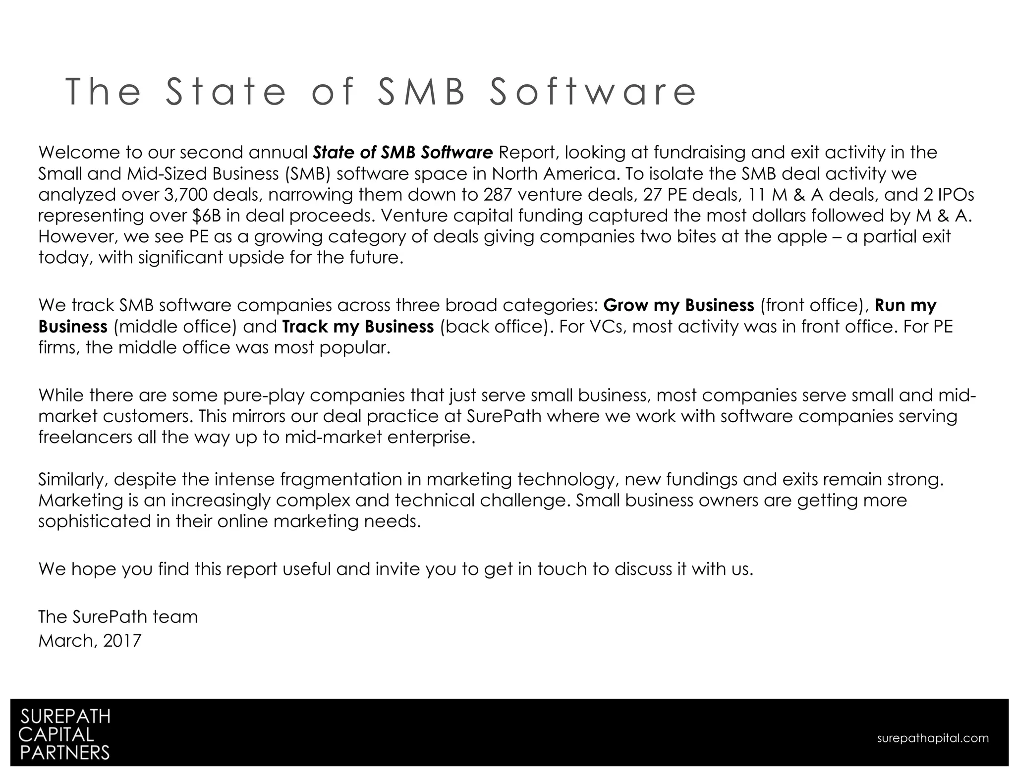 Private & Confidential |
Welcome to our second annual State of SMB Software Report, looking at fundraising and exit activity in the
Small and Mid-Sized Business (SMB) software space in North America. To isolate the SMB deal activity we
analyzed over 3,700 deals, narrowing them down to 287 venture deals, 27 PE deals, 11 M & A deals, and 2 IPOs
representing over $6B in deal proceeds. Venture capital funding captured the most dollars followed by M & A.
However, we see PE as a growing category of deals giving companies two bites at the apple – a partial exit
today, with significant upside for the future.
We track SMB software companies across three broad categories: Grow my Business (front office), Run my
Business (middle office) and Track my Business (back office). For VCs, most activity was in front office. For PE
firms, the middle office was most popular.
While there are some pure-play companies that just serve small business, most companies serve small and mid-
market customers. This mirrors our deal practice at SurePath where we work with software companies serving
freelancers all the way up to mid-market enterprise.
Similarly, despite the intense fragmentation in marketing technology, new fundings and exits remain strong.
Marketing is an increasingly complex and technical challenge. Small business owners are getting more
sophisticated in their online marketing needs.
We hope you find this report useful and invite you to get in touch to discuss it with us.
The SurePath team
March, 2017
T h e S t a t e o f S M B S o f t w a r e
surepathapital.com
 