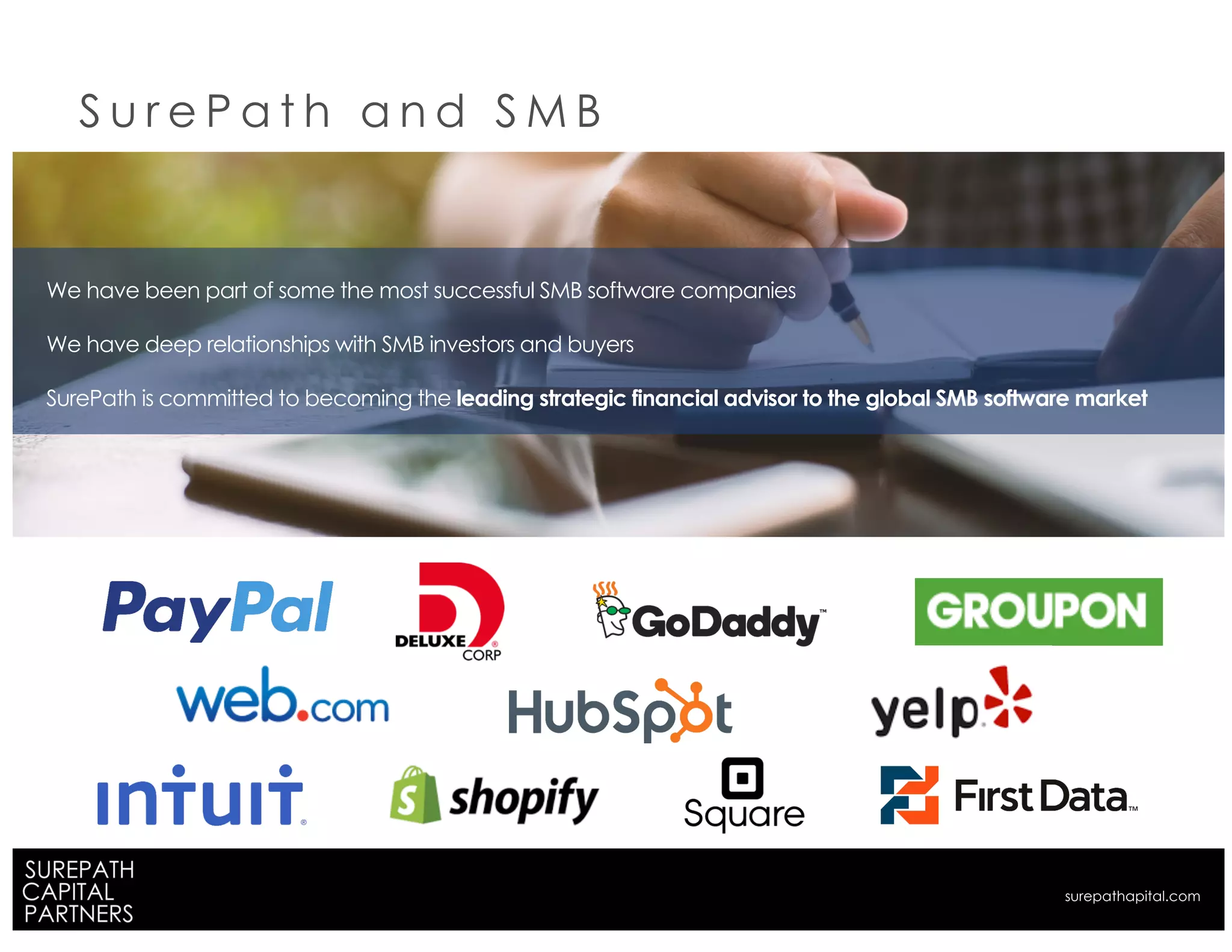 We have been part of some the most successful SMB software companies
We have deep relationships with SMB investors and buyers
SurePath is committed to becoming the leading strategic financial advisor to the global SMB software market
S u r e P a t h a n d S M B
surepathapital.com
 