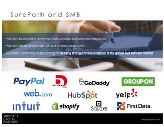 We have been part of some the most successful SMB software companies
We have deep relationships with SMB investors and buyers
SurePath is committed to becoming the leading strategic financial advisor to the global SMB software market
S u r e P a t h a n d S M B
surepathapital.com
 