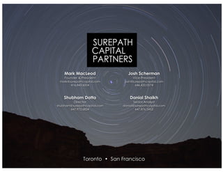 Shubham Datta
Director
shubham@surepathcapital.com
647.972.6834
Danial Shaikh
Senior Analyst
danial@surepathcapital.com
647.876.5453
Mark MacLeod
Founder & President
mark@surepathcapital.com
416.843.6004
Josh Scherman
Vice-President
josh@surepathcapital.com
646.420.0074
Toronto • San Francisco
 