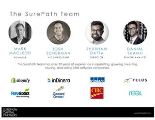 S H U B H A M
D A T T A
D A N I A L
S H A I K H
M A R K
M A C L E O D
F O U N D E R D I R E C T O R S E N I O R A N A L Y S T
J O S H
S C H E R M A N
V I C E - P R E S I D E N T
T h e S u r e P a t h T e a m
The SurePath team has over 30 years of experience in operating, growing, investing,
buying, and selling SMB software companies.
surepathapital.com
 