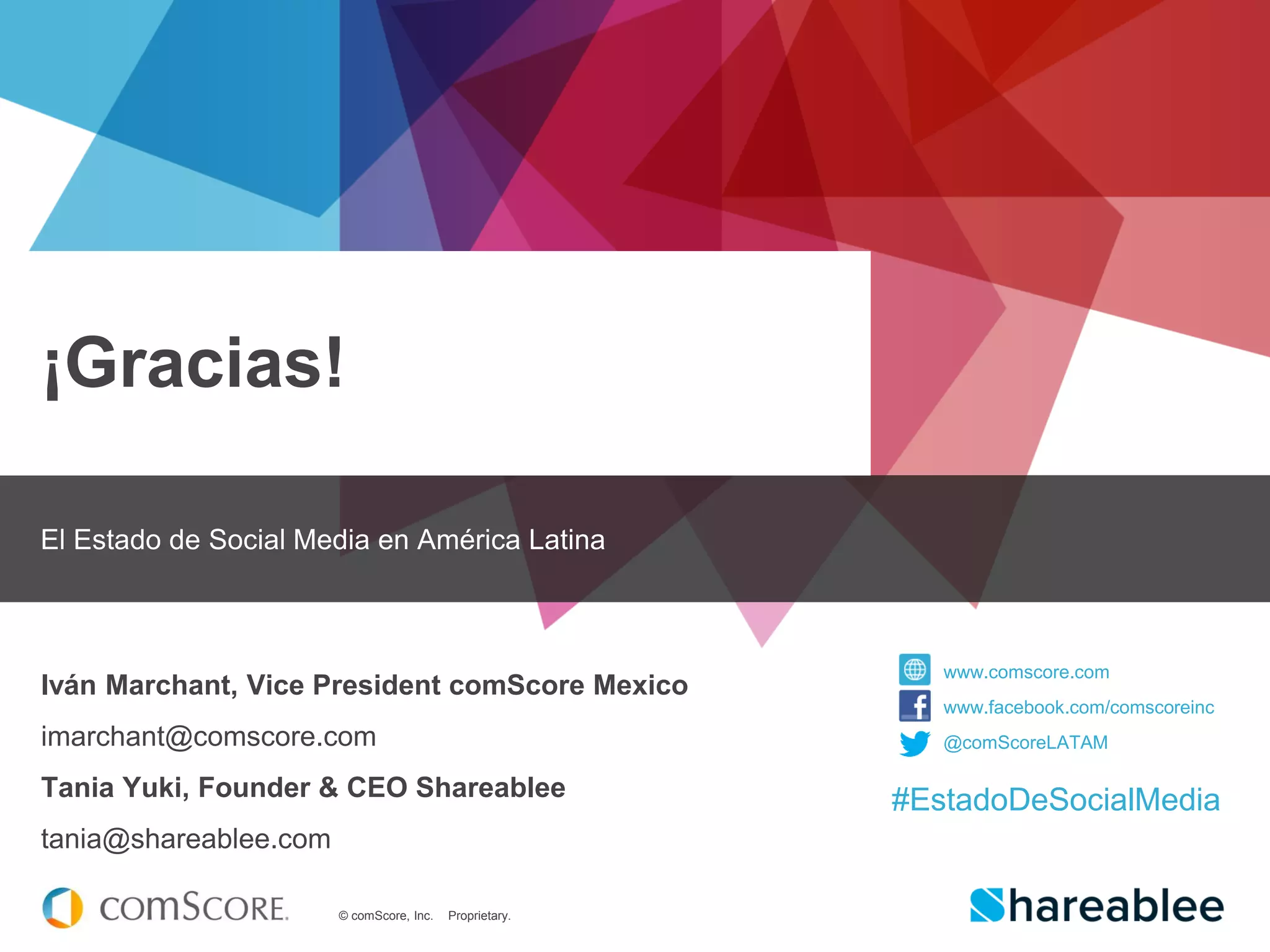 © comScore, Inc. Proprietary.
¡Gracias!
El Estado de Social Media en América Latina
Iván Marchant, Vice President comScore Mexico
imarchant@comscore.com
Tania Yuki, Founder & CEO Shareablee
tania@shareablee.com
www.comscore.com
www.facebook.com/comscoreinc
@comScoreLATAM
#EstadoDeSocialMedia
 