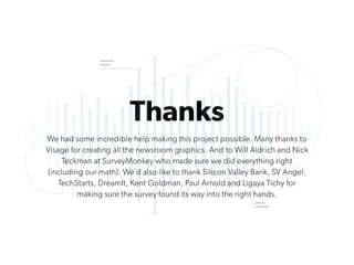 Thanks
We had some incredible help making this project possible. Many thanks to
Visage for creating all the newsroom graphics. And to Will Aldrich and Nick
Teckman at SurveyMonkey who made sure we did everything right
(including our math). We’d also like to thank Silicon Valley Bank, SV Angel,
TechStarts, DreamIt, Kent Goldman, Paul Arnold and Ligaya Tichy for
making sure the survey found its way into the right hands.
 