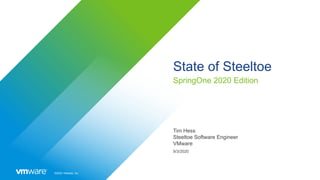 ©2020 VMware, Inc.
9/3/2020
Steeltoe Software Engineer
VMware
Tim Hess
SpringOne 2020 Edition
State of Steeltoe
 