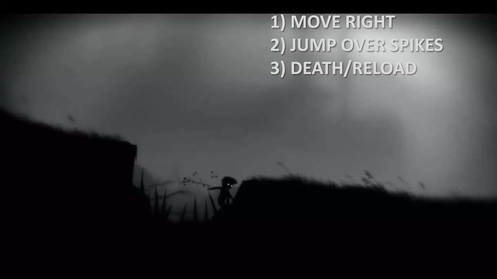 1) MOVE RIGHT
2) JUMP OVER SPIKES
3) DEATH/RELOAD
 