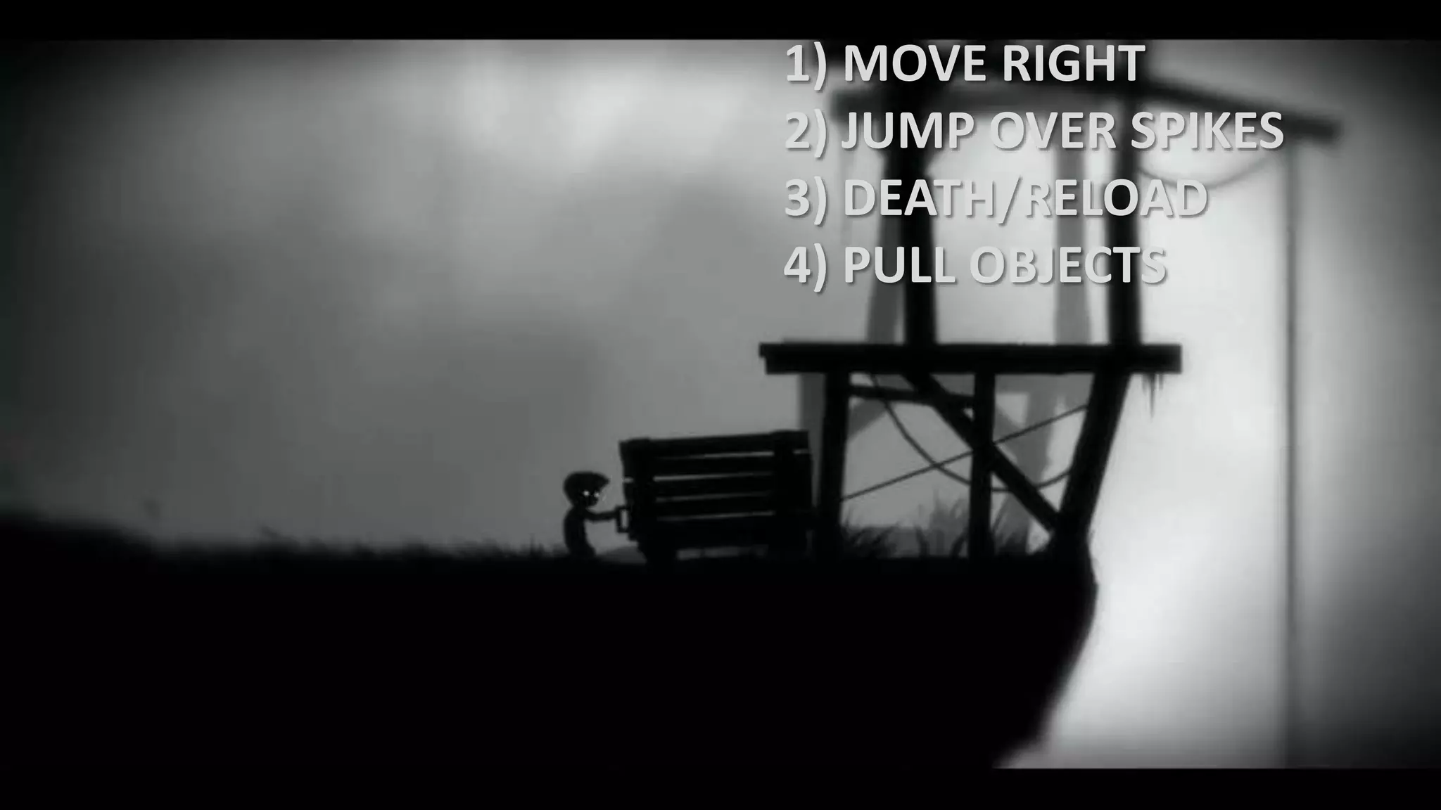 1) MOVE RIGHT
2) JUMP OVER SPIKES
3) DEATH/RELOAD
4) PULL OBJECTS
 