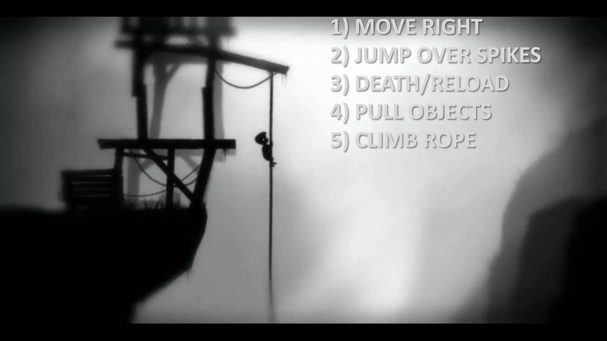 1) MOVE RIGHT
2) JUMP OVER SPIKES
3) DEATH/RELOAD
4) PULL OBJECTS
5) CLIMB ROPE
 