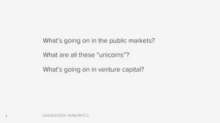 2
What’s going on in the public markets?
What are all these “unicorns”?
What’s going on in venture capital?
 