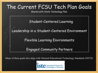 The Current FCSU Tech Plan Goals Shared with State Technology Plan Student-Centered Learning Leadership in a Student-Centered Environment Flexible Learning Environments Engaged Community Partners Many of these goals also align with National Educational Technology Standards (NETS)   