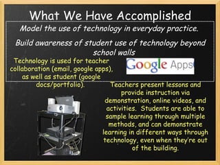 What We Have Accomplished Model the use of technology in everyday practice.   Build awareness of student use of technology beyond school walls Technology is used for teacher collaboration (email, google apps), as well as student (google docs/portfolio).  Teachers present lessons and provide instruction via demonstration, online videos, and activities.  Students are able to sample learning through multiple methods, and can demonstrate learning in different ways through technology, even when they’re out of the building. 