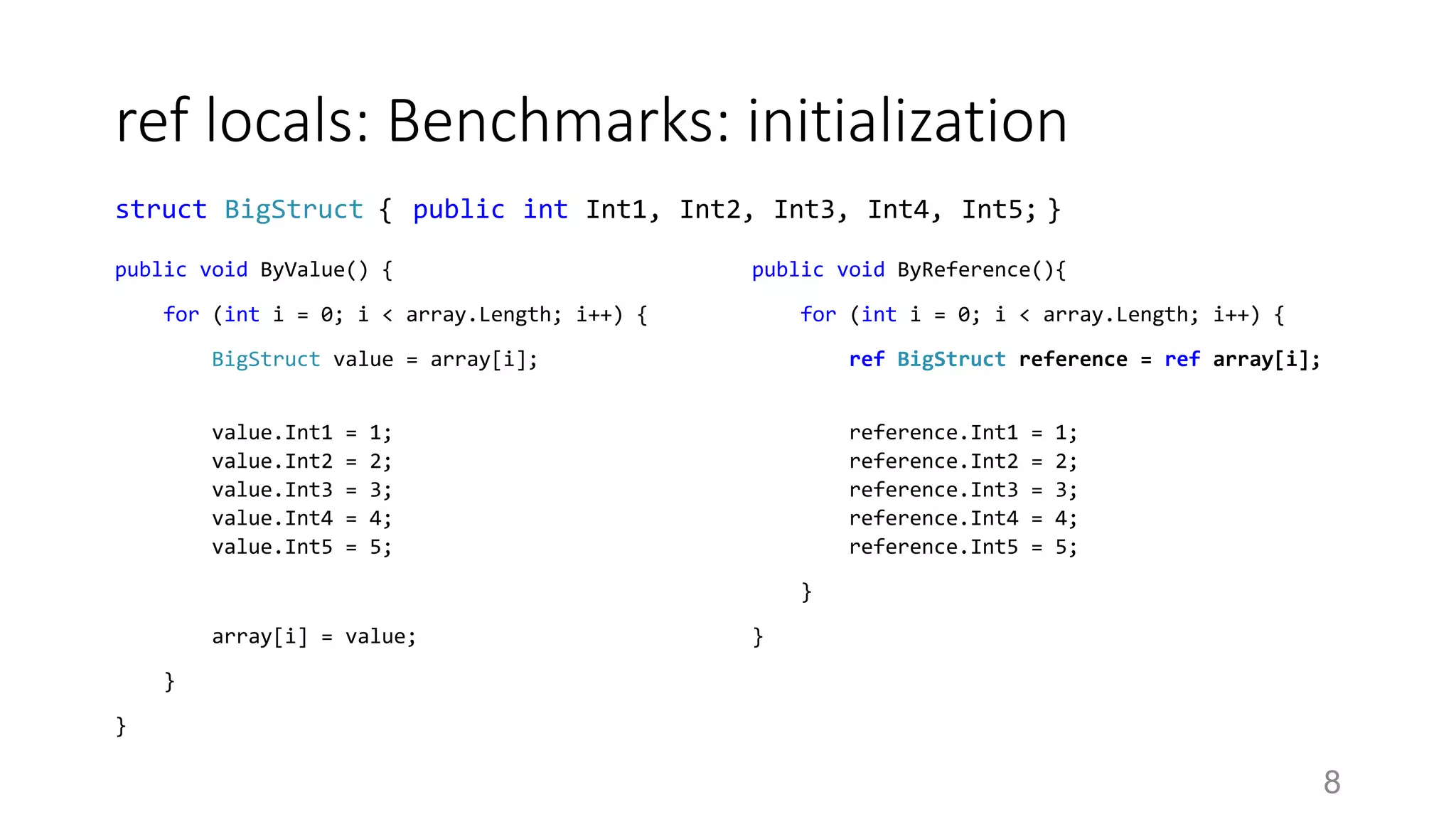 ref locals: Benchmarks: initialization
public void ByValue() {
for (int i = 0; i < array.Length; i++) {
BigStruct value = array[i];
value.Int1 = 1;
value.Int2 = 2;
value.Int3 = 3;
value.Int4 = 4;
value.Int5 = 5;
array[i] = value;
}
}
public void ByReference(){
for (int i = 0; i < array.Length; i++) {
ref BigStruct reference = ref array[i];
reference.Int1 = 1;
reference.Int2 = 2;
reference.Int3 = 3;
reference.Int4 = 4;
reference.Int5 = 5;
}
}
8
struct BigStruct { public int Int1, Int2, Int3, Int4, Int5; }
 
