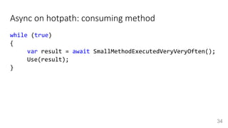 Async on hotpath: consuming method
while (true)
{
var result = await SmallMethodExecutedVeryVeryOften();
Use(result);
}
34
 