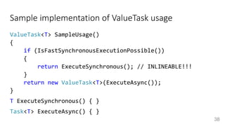 Sample implementation of ValueTask usage
ValueTask<T> SampleUsage()
{
if (IsFastSynchronousExecutionPossible())
{
return ExecuteSynchronous(); // INLINEABLE!!!
}
return new ValueTask<T>(ExecuteAsync());
}
T ExecuteSynchronous() { }
Task<T> ExecuteAsync() { }
38
 