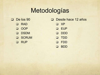 Metodologías
 De los 90
 RAD
 OOP
 DSDM
 SCRUM
 RUP
 Desde hace 12 años
 XP
 EUP
 DDD
 TDD
 FDD
 BDD
 