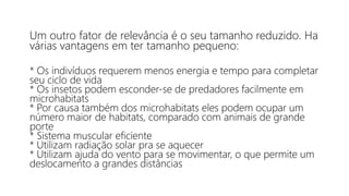 Um outro fator de relevância é o seu tamanho reduzido. Ha
várias vantagens em ter tamanho pequeno:
* Os indivíduos requerem menos energia e tempo para completar
seu ciclo de vida
* Os insetos podem esconder-se de predadores facilmente em
microhabitats
* Por causa também dos microhabitats eles podem ocupar um
número maior de habitats, comparado com animais de grande
porte
* Sistema muscular eficiente
* Utilizam radiação solar pra se aquecer
* Utilizam ajuda do vento para se movimentar, o que permite um
deslocamento a grandes distâncias
 