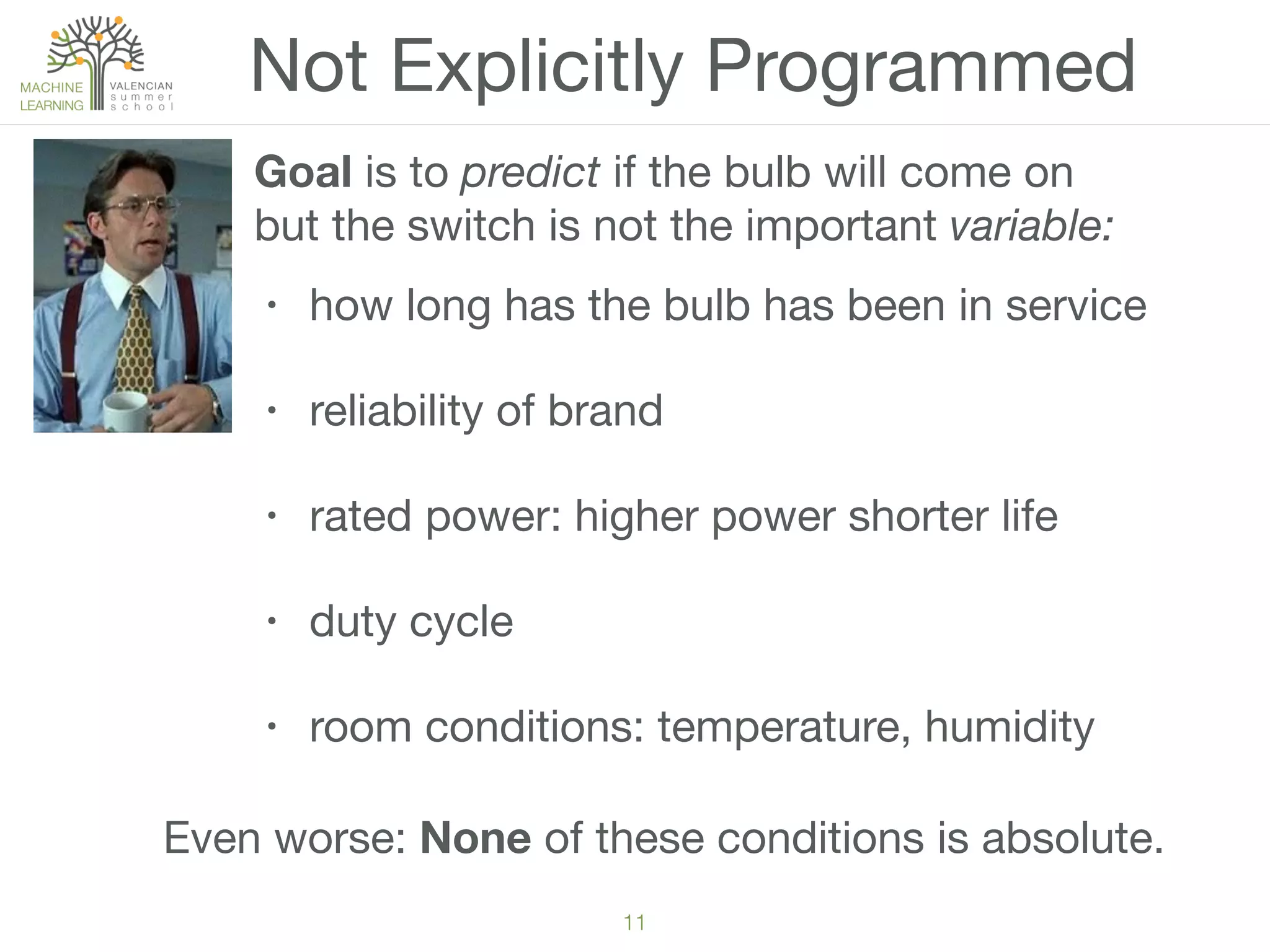 11
Not Explicitly Programmed
• how long has the bulb has been in service
• reliability of brand
• rated power: higher power shorter life
• duty cycle
• room conditions: temperature, humidity
Goal is to predict if the bulb will come on

but the switch is not the important variable:
Even worse: None of these conditions is absolute.
 