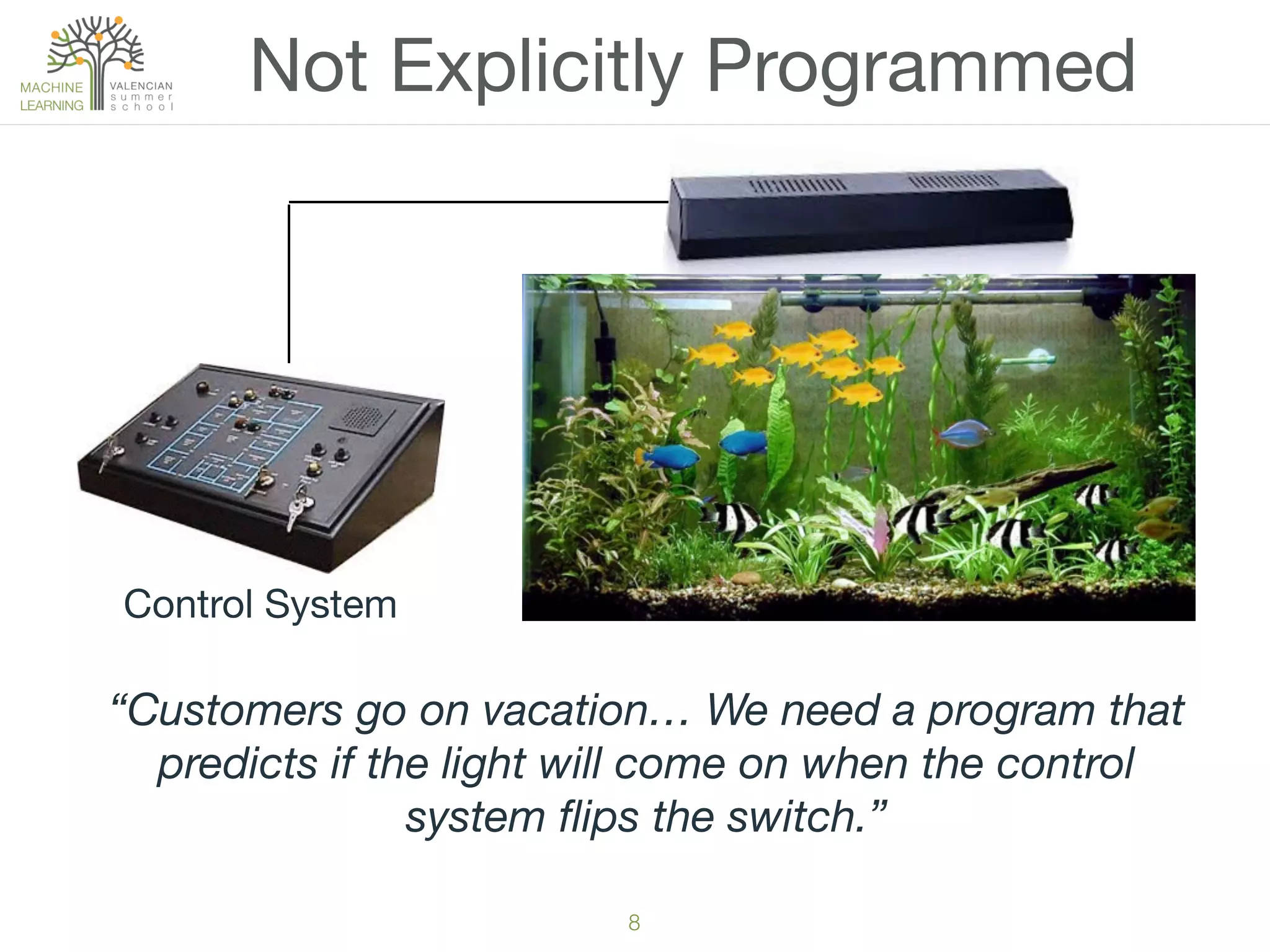 8
Not Explicitly Programmed
Control System
“Customers go on vacation… We need a program that
predicts if the light will come on when the control
system ﬂips the switch.”
 