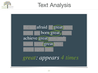22
Text Analysis
Be not afraid of greatness:
some are born great, some
achieve greatness, and
some have greatness
thrust u...