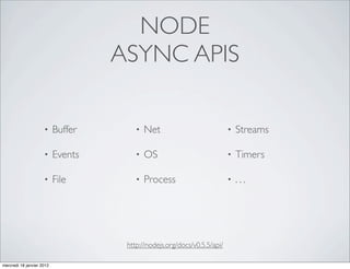 NODE
                                    ASYNC APIS

                     •     Buffer       •   Net                           •   Streams

                     •     Events       •   OS                            •   Timers

                     •     File         •   Process                       •   ...




                                     http://nodejs.org/docs/v0.5.5/api/

mercredi 18 janvier 2012
 