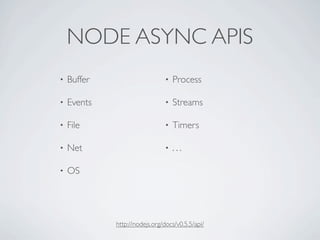 NODE ASYNC APIS
•   Buffer                     •   Process

•   Events                     •   Streams

•   File                       •   Timers

•   Net                        •   ...

•   OS




             http://nodejs.org/docs/v0.5.5/api/
 