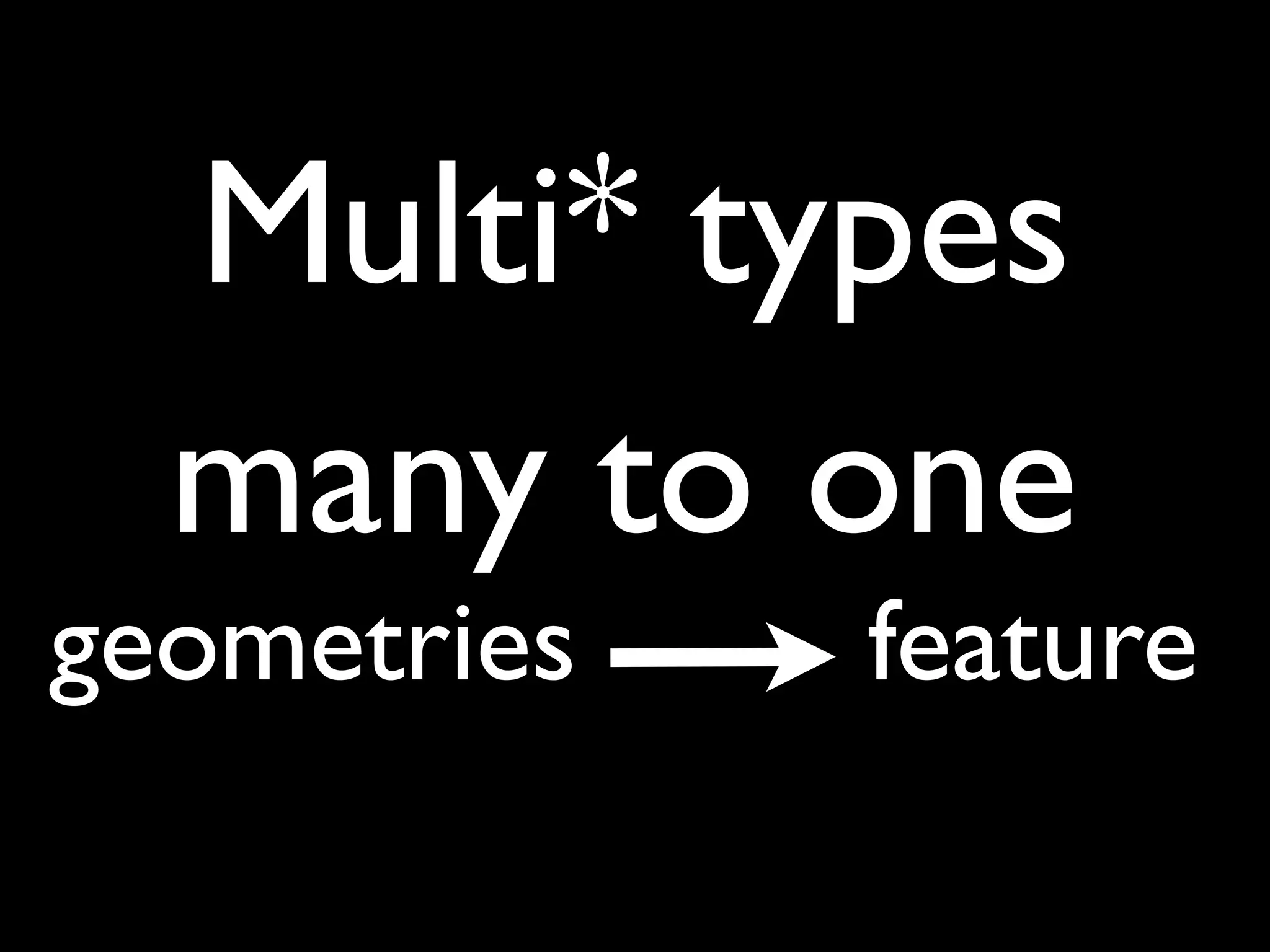 Multi* types
  many to one
geometries   feature
 