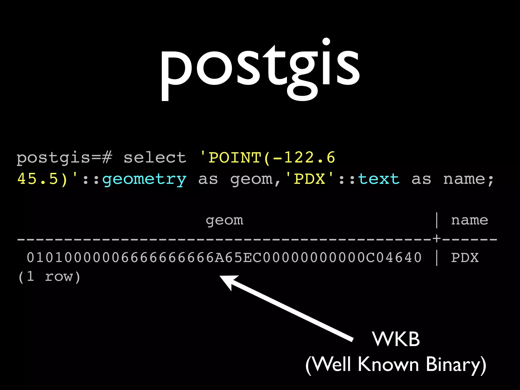 postgis
postgis=# select 'POINT(-122.6
45.5)'::geometry as geom,'PDX'::text as name;

                    geom                    | name
--------------------------------------------+------
 01010000006666666666A65EC00000000000C04640 | PDX
(1 row)



                                     WKB
                              (Well Known Binary)
 