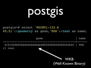 postgis
postgis=# select 'POINT(-122.6
45.5)'::geometry as geom,'PDX'::text as name;

                    geom                    | name
--------------------------------------------+------
 01010000006666666666A65EC00000000000C04640 | PDX
(1 row)



                                     WKB
                              (Well Known Binary)
 