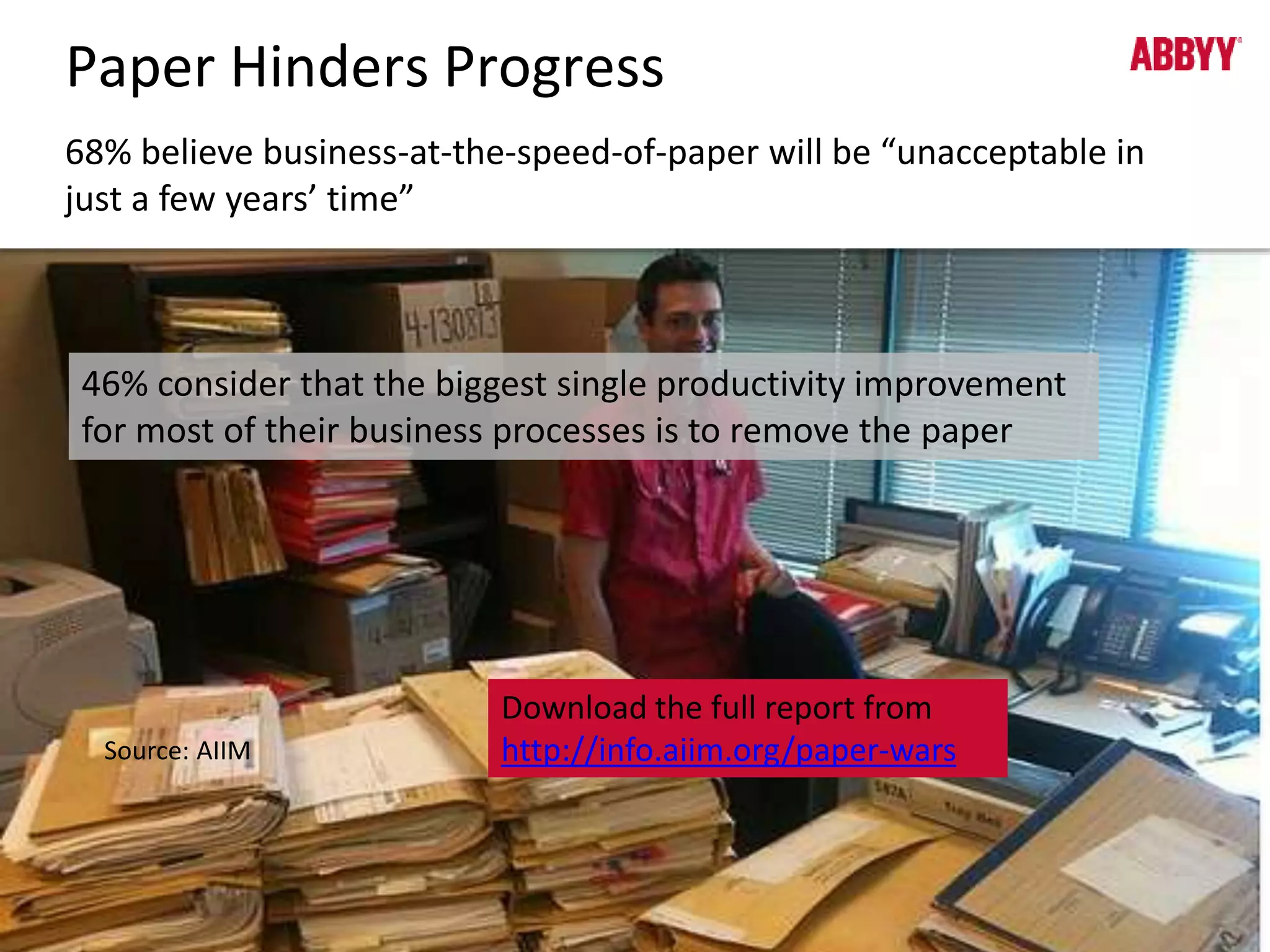 Paper Hinders Progress 
68% believe business-at-the-speed-of-paper will be “unacceptable in 
just a few years’ time” 
46% consider that the biggest single productivity improvement 
for most of their business processes is to remove the paper 
Source: AIIM 
Download the full report from 
http://info.aiim.org/paper-wars 
 