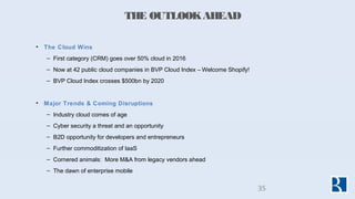 THE OUTLOOKAHEAD
• The Cloud Wins
– First category (CRM) goes over 50% cloud in 2016
– Now at 42 public cloud companies in...