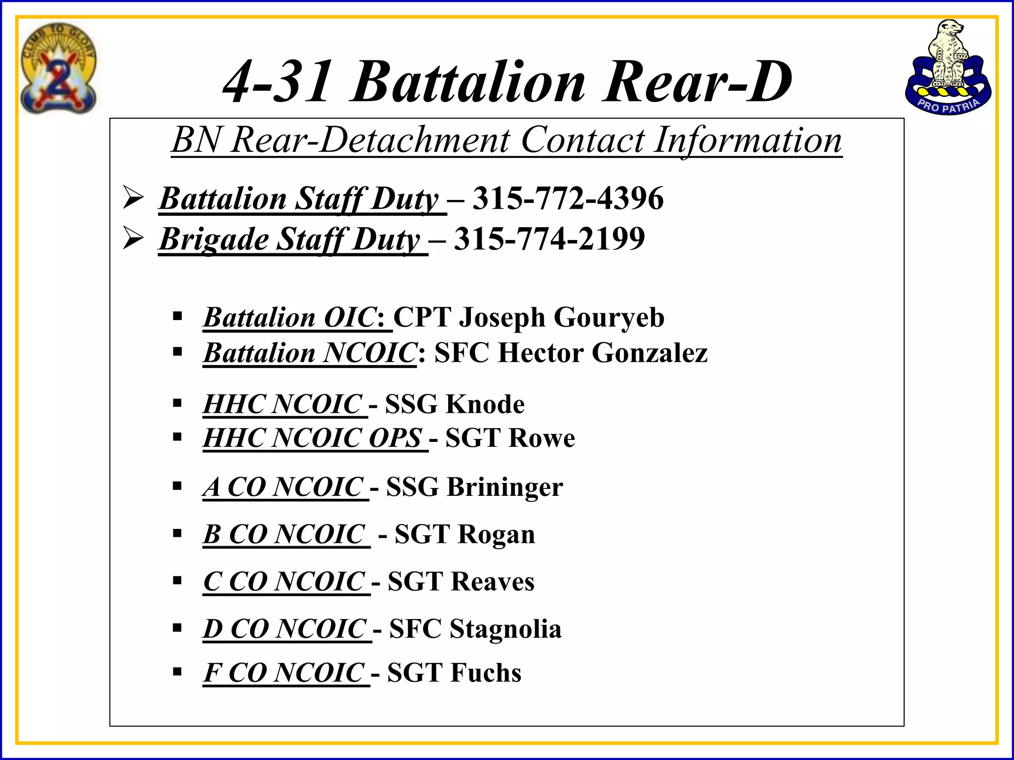 4-31 Battalion Rear-D
   BN Rear-Detachment Contact Information
 Battalion Staff Duty – 315-772-4396
 Brigade Staff Duty – 315-774-2199

    Battalion OIC: CPT Joseph Gouryeb
    Battalion NCOIC: SFC Hector Gonzalez
    HHC NCOIC - SSG Knode
    HHC NCOIC OPS - SGT Rowe
    A CO NCOIC - SSG Brininger
    B CO NCOIC - SGT Rogan
    C CO NCOIC - SGT Reaves
    D CO NCOIC - SFC Stagnolia
    F CO NCOIC - SGT Fuchs
 