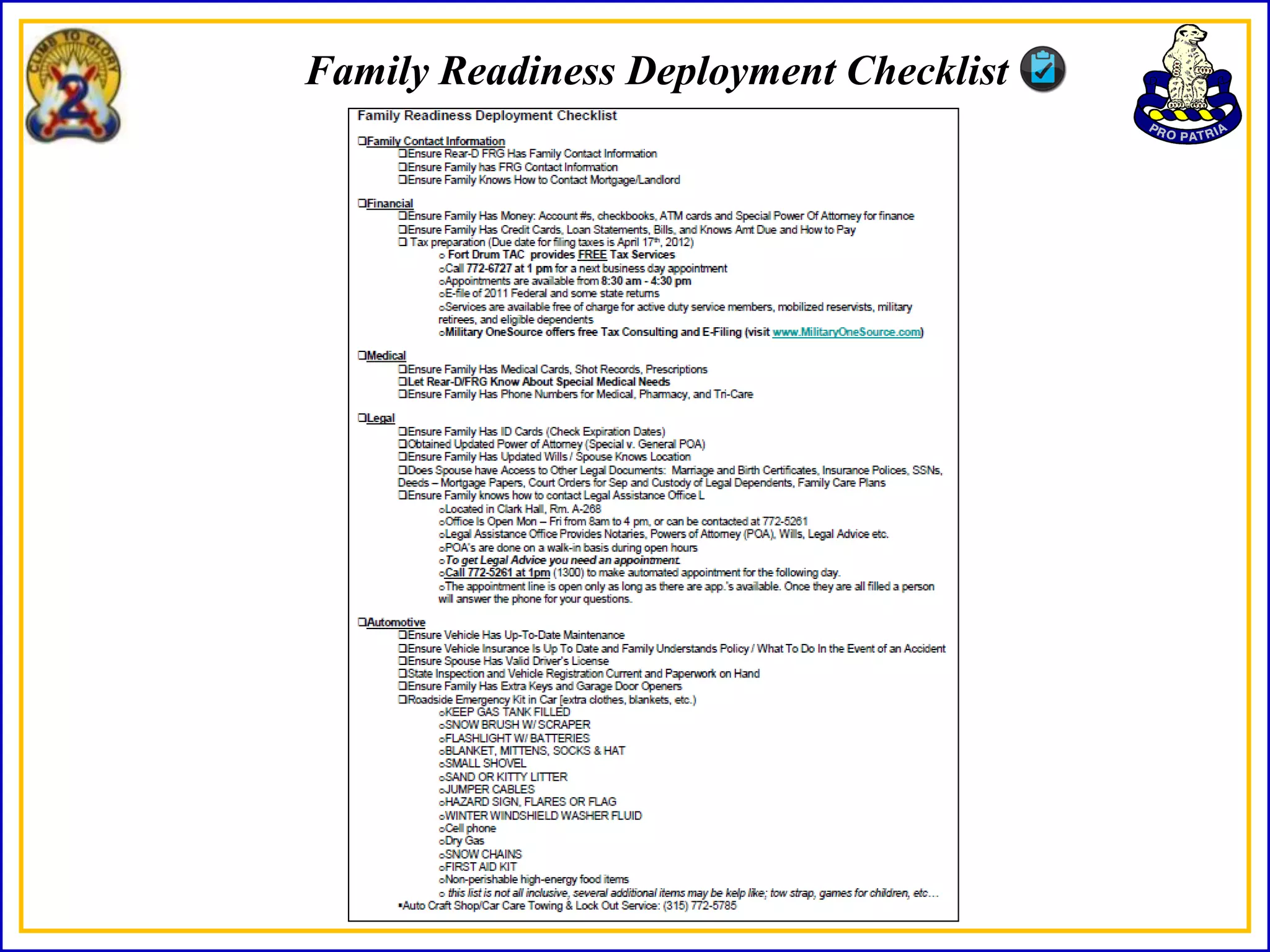 Family Readiness Deployment Checklist
 