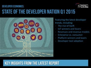 developer economics:
state of the developer nation Q1 2015
Key insights from the latest report
Featuring*the*latest*developer**
trends,*including:*
5  The*rise*of*Swi:*
5  IoT*winners*and*losers*
5  Revenues*and*revenue*models*
5  Enterprise*vs.*consumer**
5  PlaAorm*winners*and*losers*
5  Developer*tool*adopCon*
 