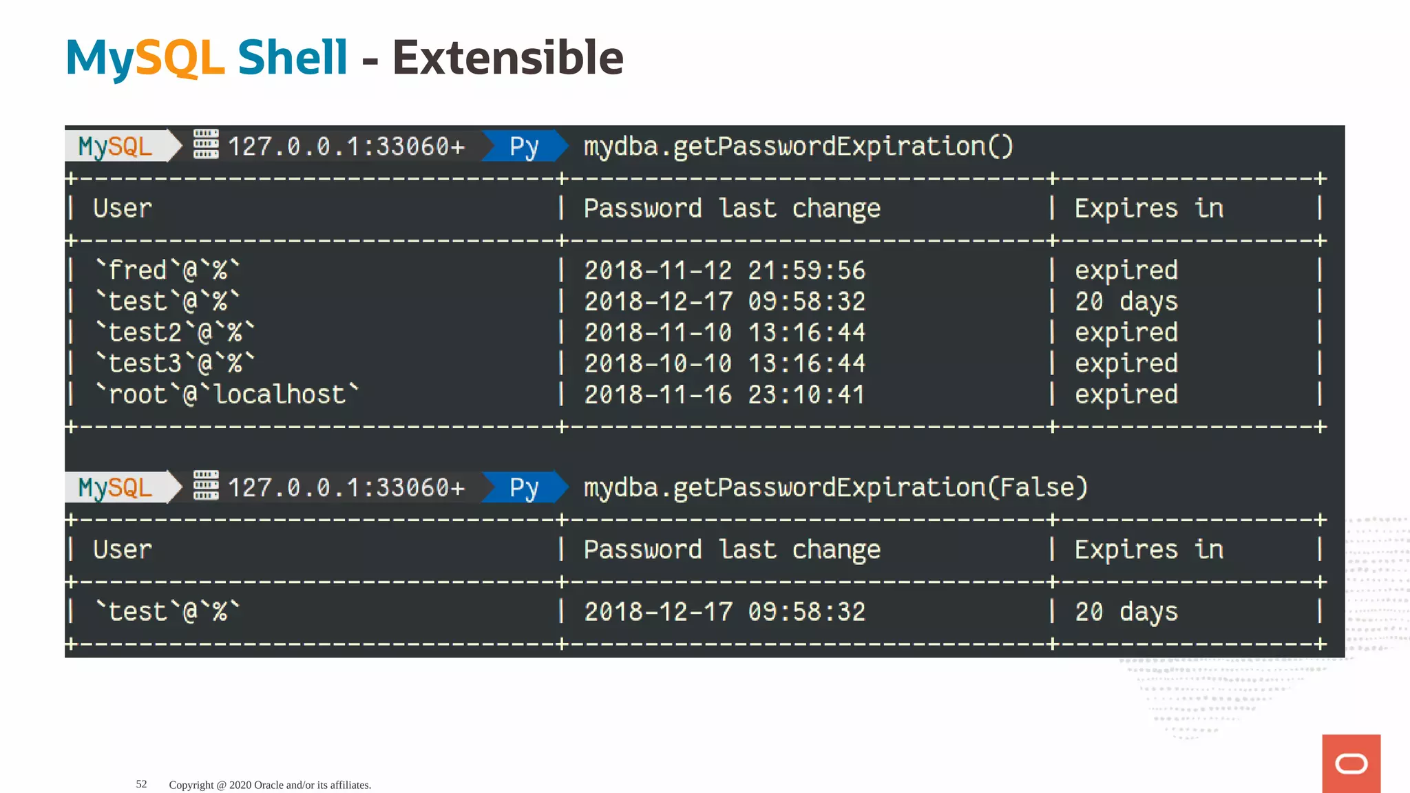 MySQL Shell - Extensible
Copyright @ 2020 Oracle and/or its affiliates.52
 