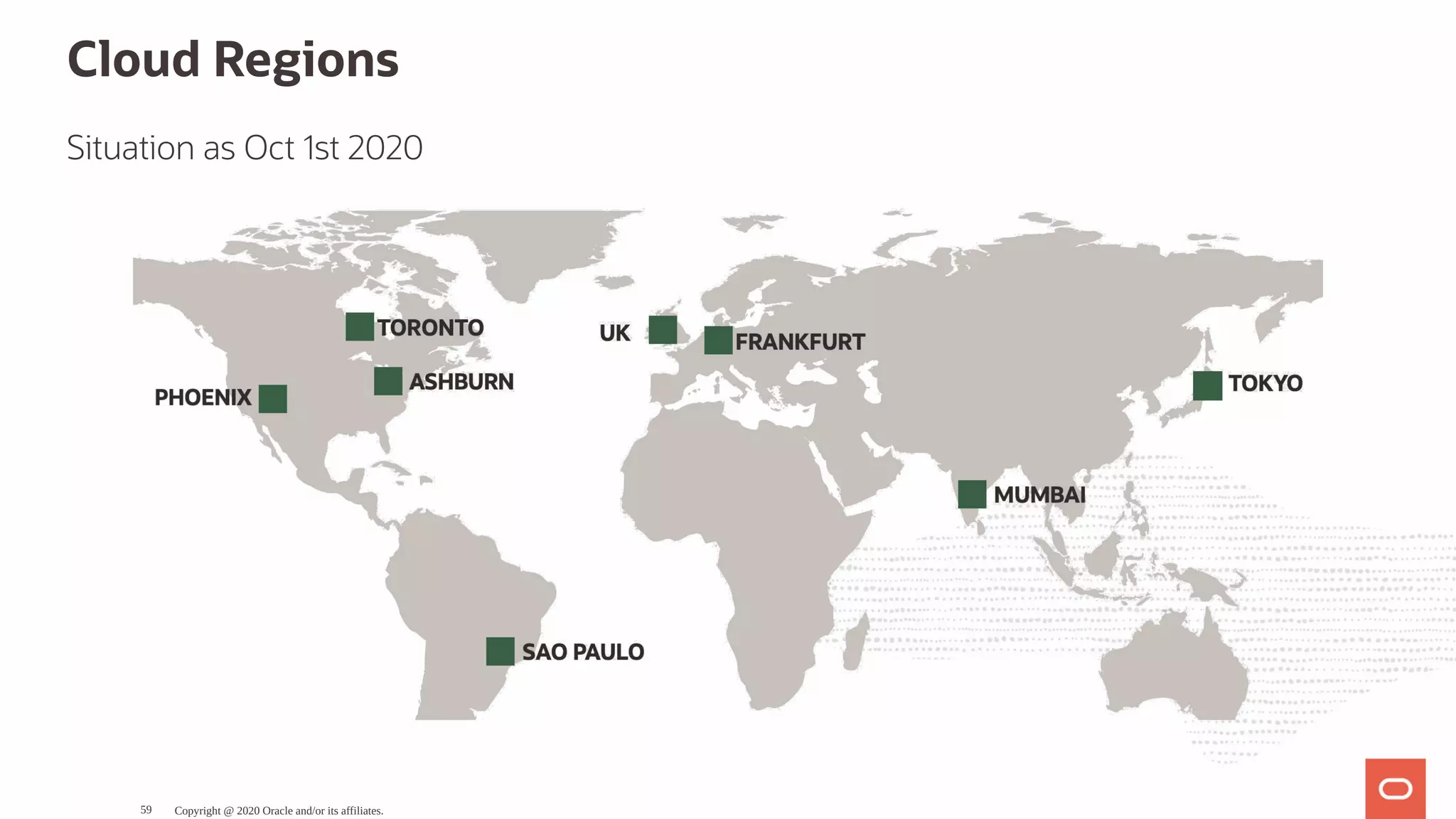 Cloud Regions
Situation as Oct 1st 2020
Copyright @ 2020 Oracle and/or its affiliates.59
 